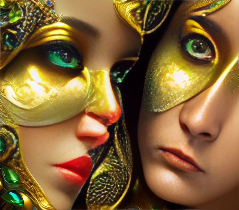 Detailed golden theatrical masks with intricate designs and vibrant green jewels.