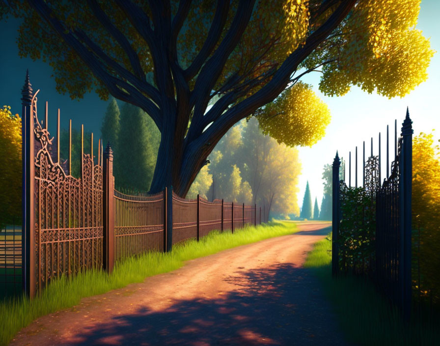 Tranquil dirt pathway with lush green grass and ornate metal fence in sunlit landscape