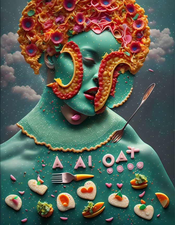 Surreal portrait with pasta hair, biscuit ear, and food elements on starry backdrop