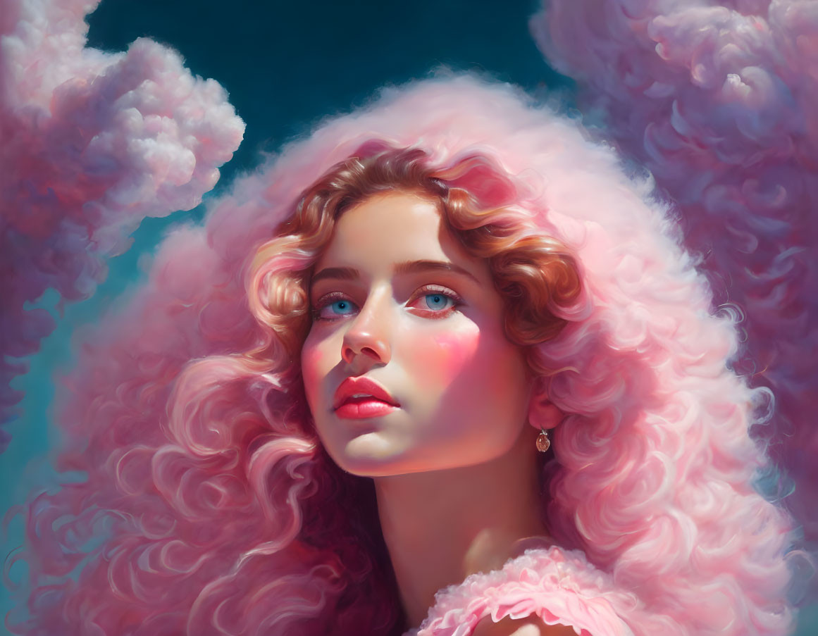 Portrait of woman with pink curls, blue eyes, fair skin, and pink cloud backdrop