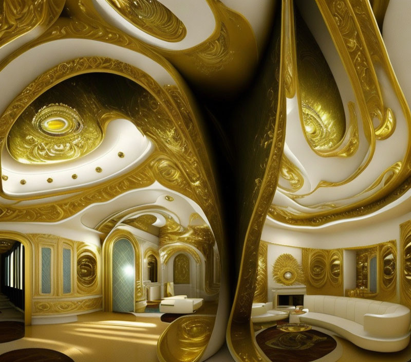 Opulent interior with golden ornate patterns, curved shapes, elegant furniture, and warm lighting.