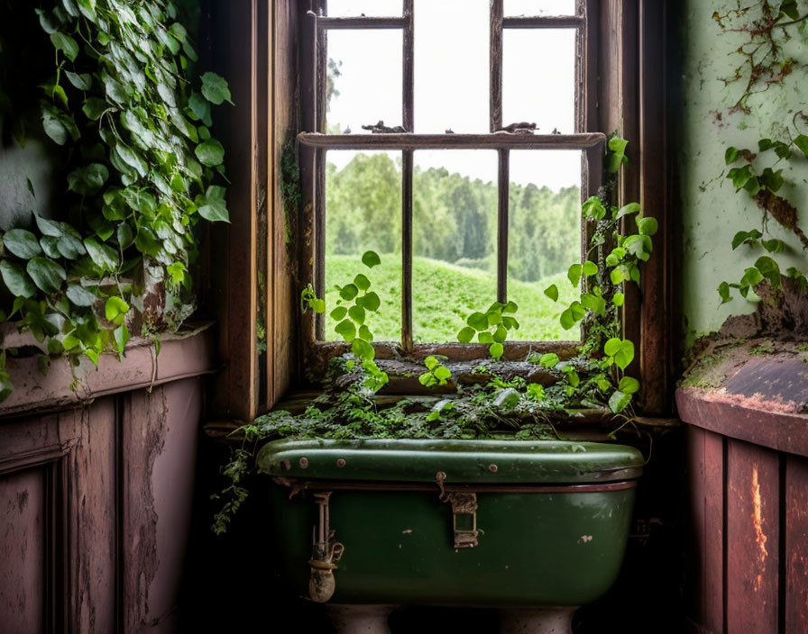 Rustic window with overgrown greenery and bathtub view of lush field