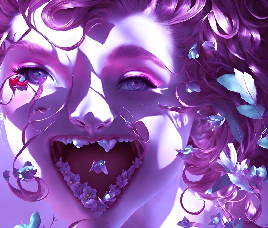 Illustration of stylized face with purple hues, flowers, and ladybug