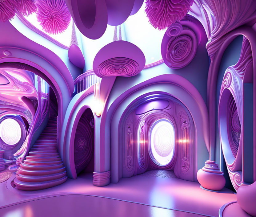 Violet and Pink Toned Futuristic Interior with Organic Shapes