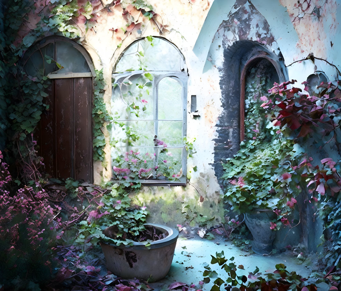 Rustic courtyard with ivy, plants, weathered door & window