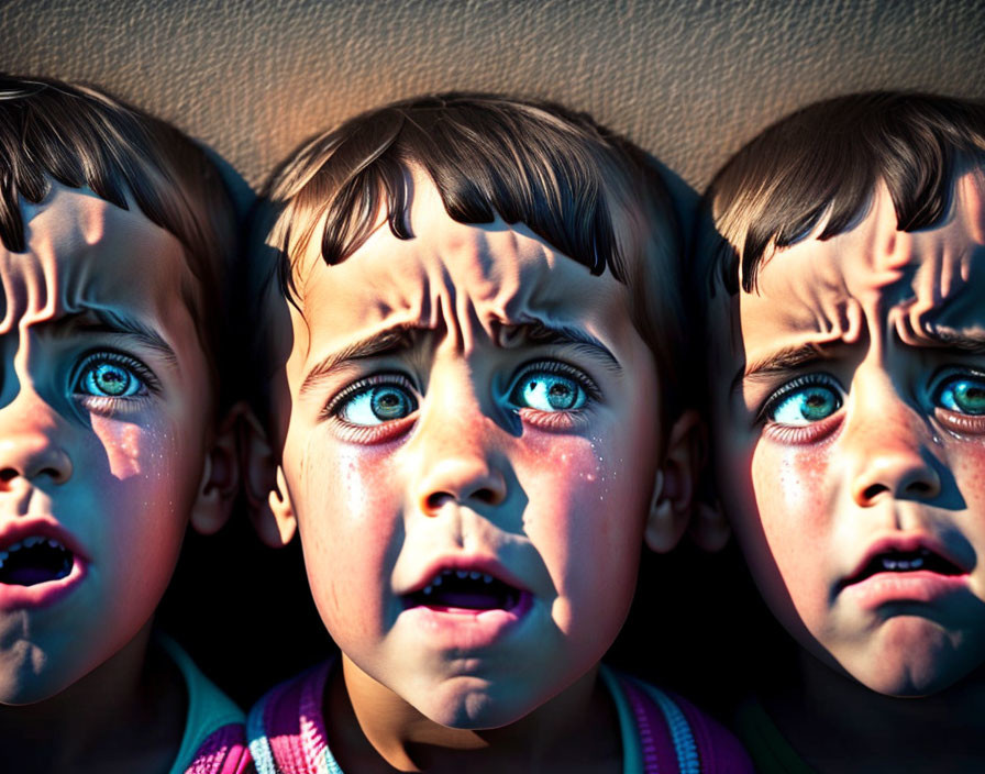 Exaggerated facial features of three children in intense lighting