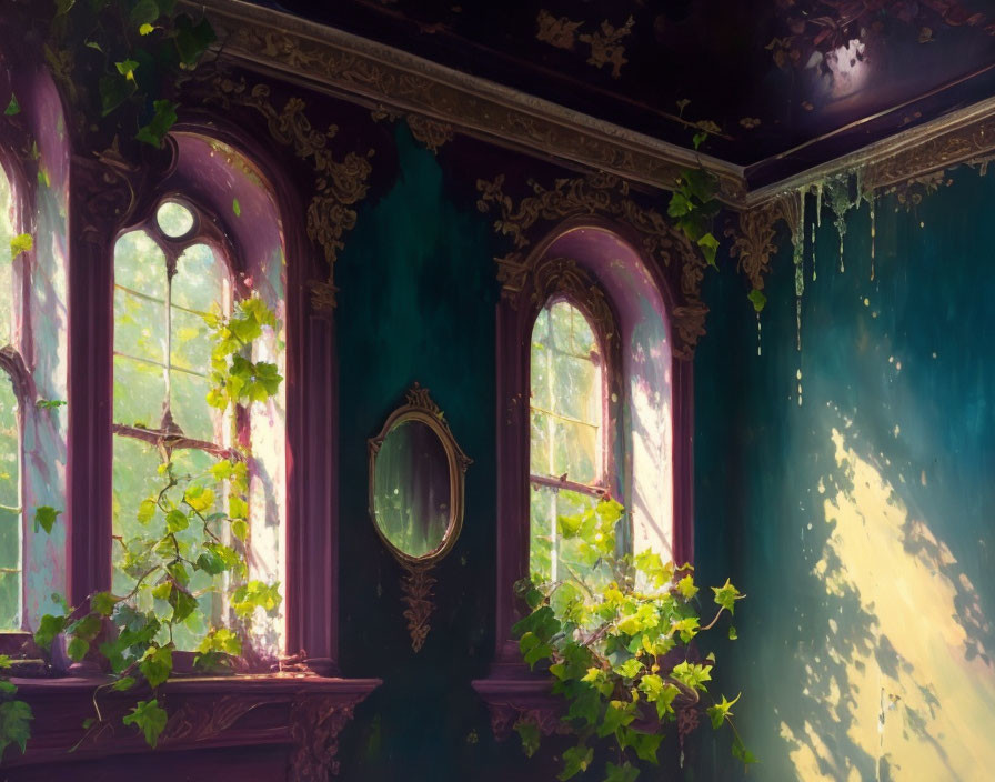 Sunlit ornate room with ivy-covered arches and peeling walls