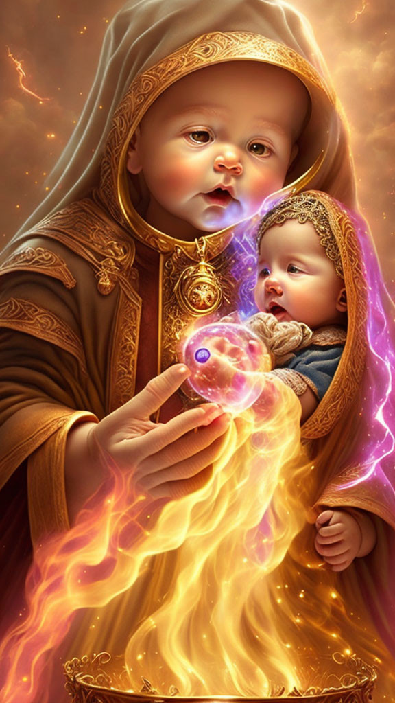 Infants cradling in flames with glowing orb and ornate robes