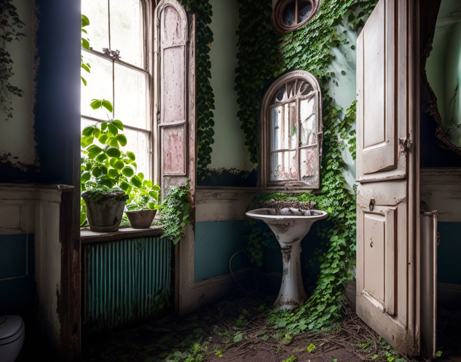 Abandoned bathroom with overgrown plants, vintage sink, and peeling walls