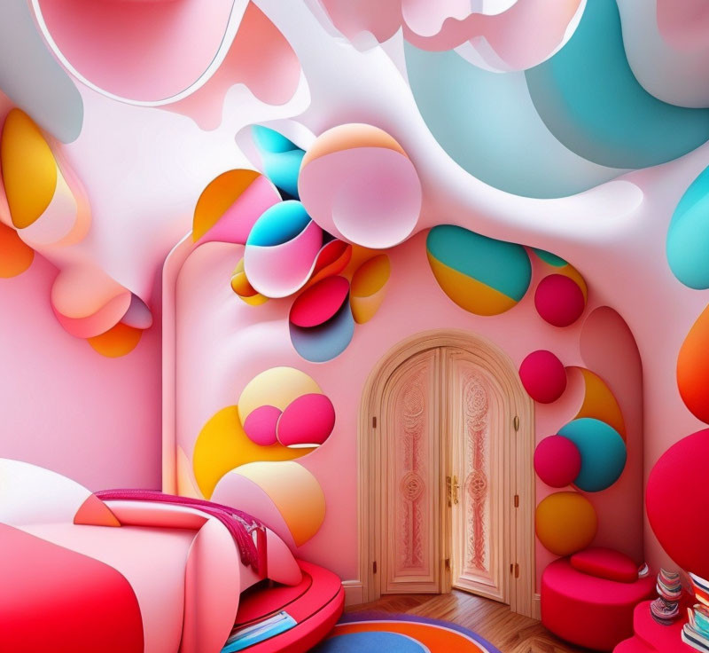 Colorful Whimsical Room with Vibrant Shapes and Classic Door