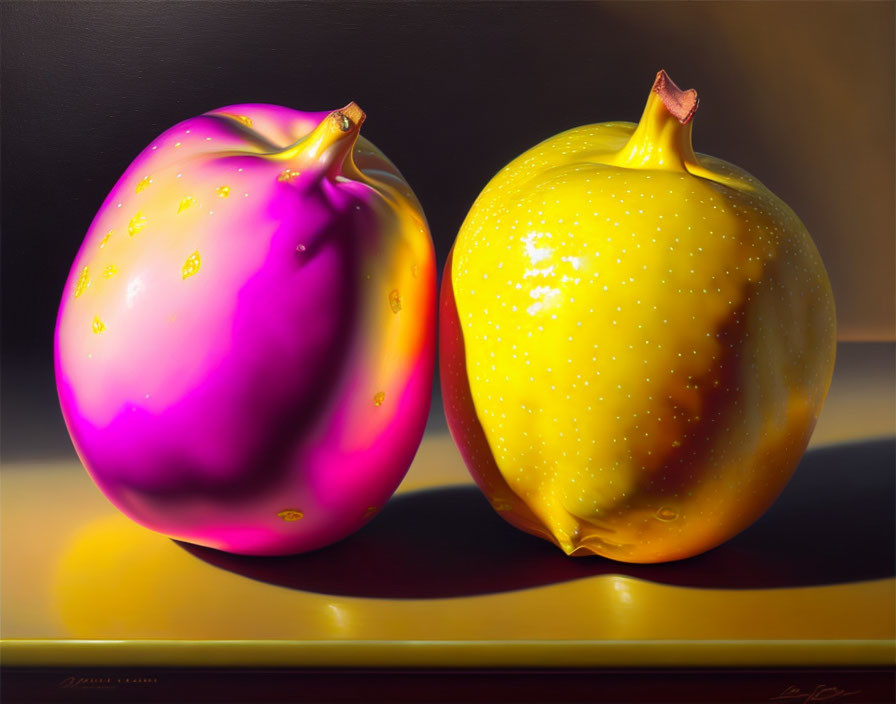 Vibrantly colored pink and yellow fruits on dark background