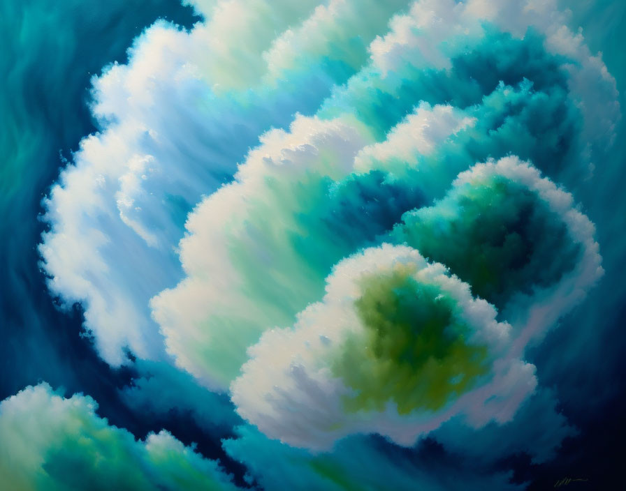 Vibrant painting of fluffy cumulus clouds in white, blue, and green against serene azure sky