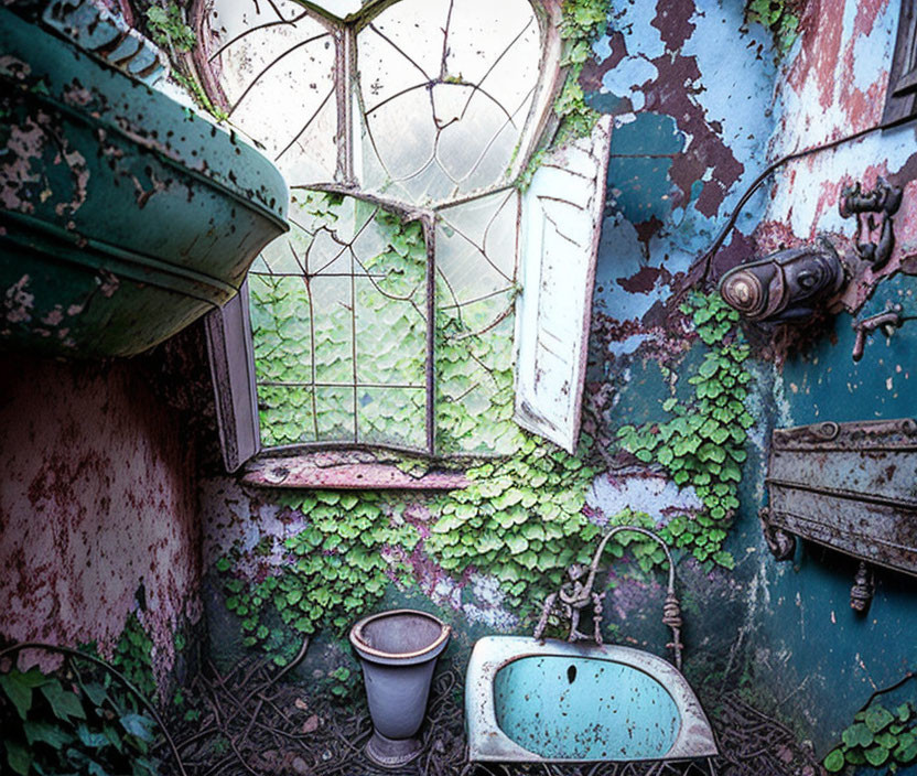 Abandoned bathroom with claw-foot tub and overgrown vines