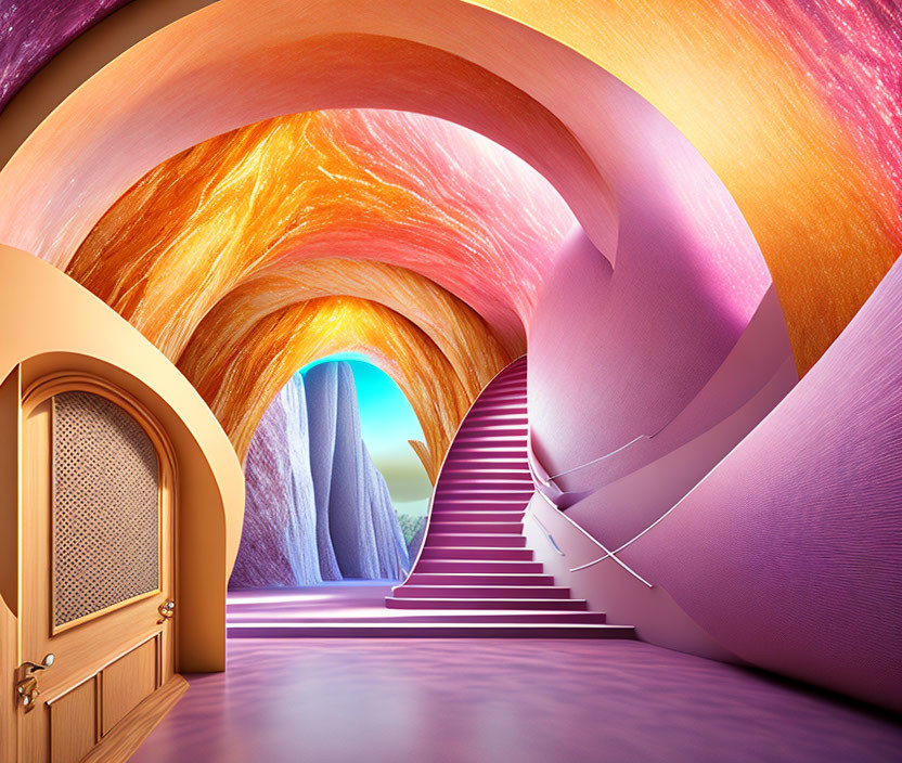 Vibrant colorful tunnel with waterfalls, pink staircase, wooden door