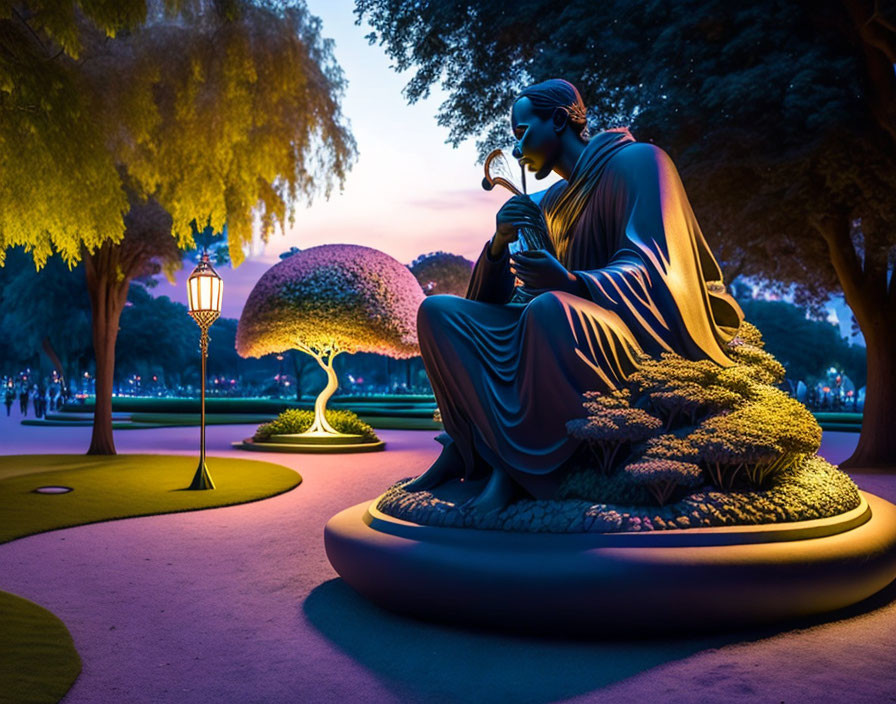 Sculpture of woman in contemplative pose in illuminated garden