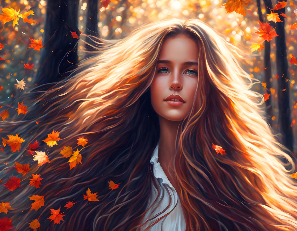 Digital Illustration: Woman with Flowing Hair in Autumn Forest