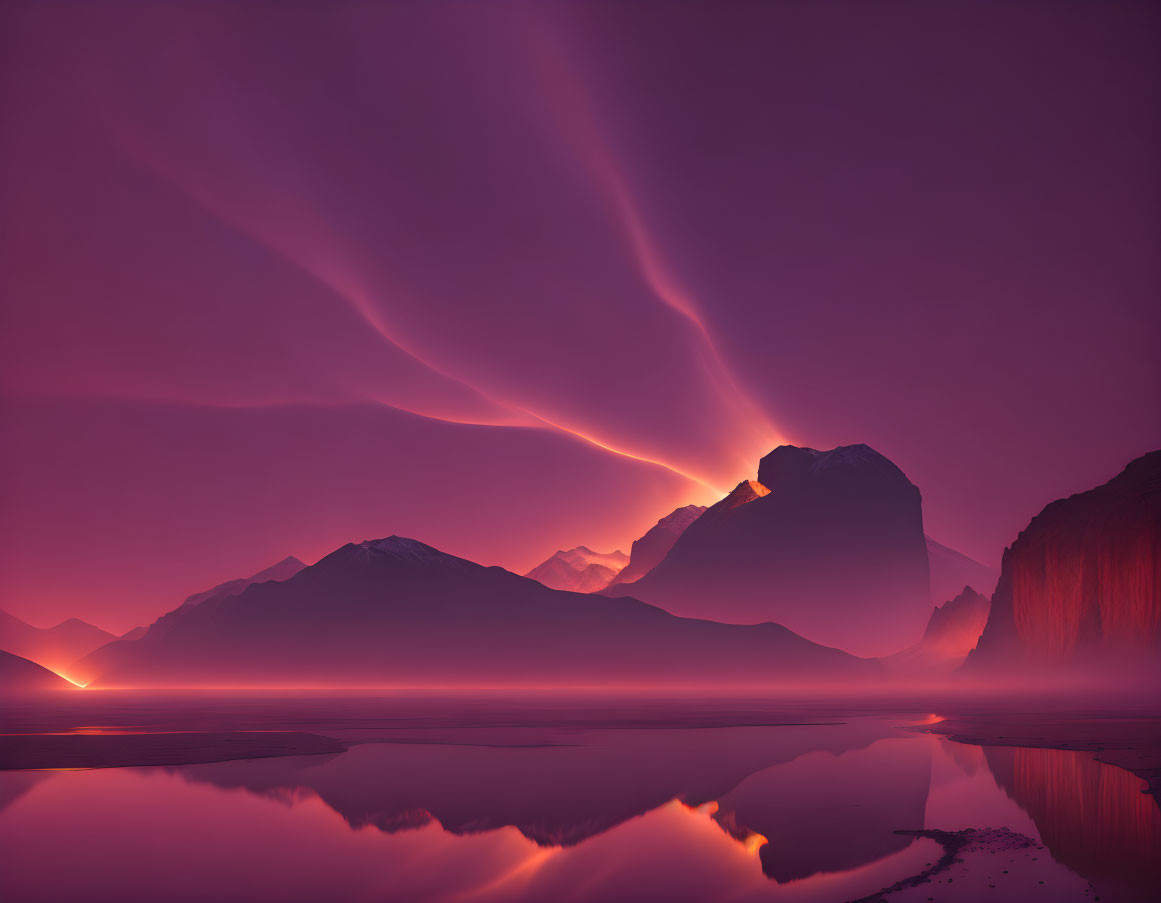 Twilight landscape with purple and pink skies, mountain silhouettes, and calm water.