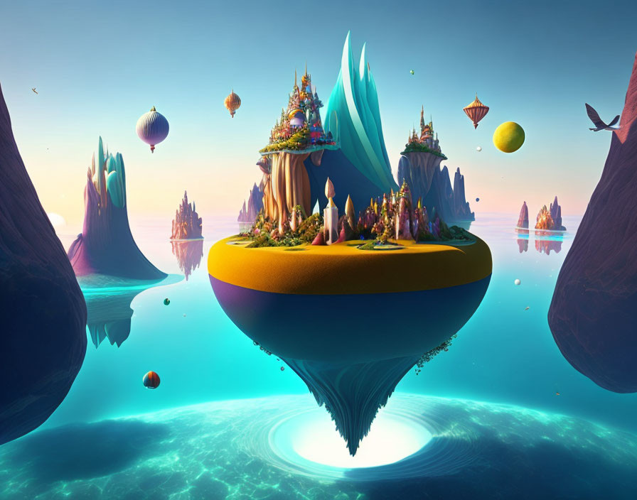 Colorful floating island with spires & air balloons above ocean & sky