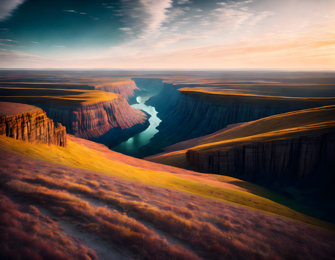 Scenic river flowing through dramatic canyon at sunrise