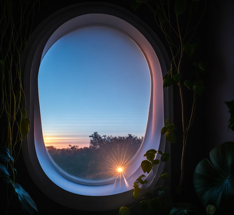 Sunrise Viewed Through Oval Window with Green Foliage Frame