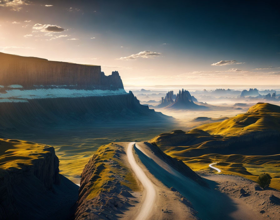 Scenic winding road through dramatic cliffs and hills