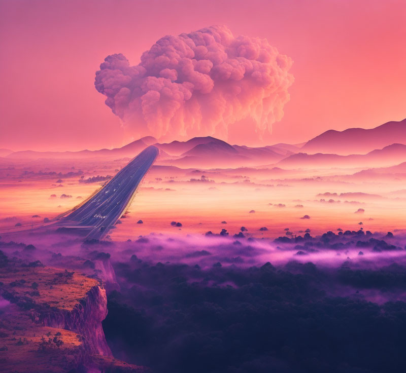 Surreal landscape: train falls off cliff into purple mist with volcanic eruption at sunset