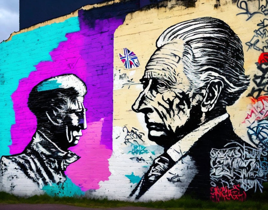 Monochrome portrait of a distinguished man with British flag in vivid street mural