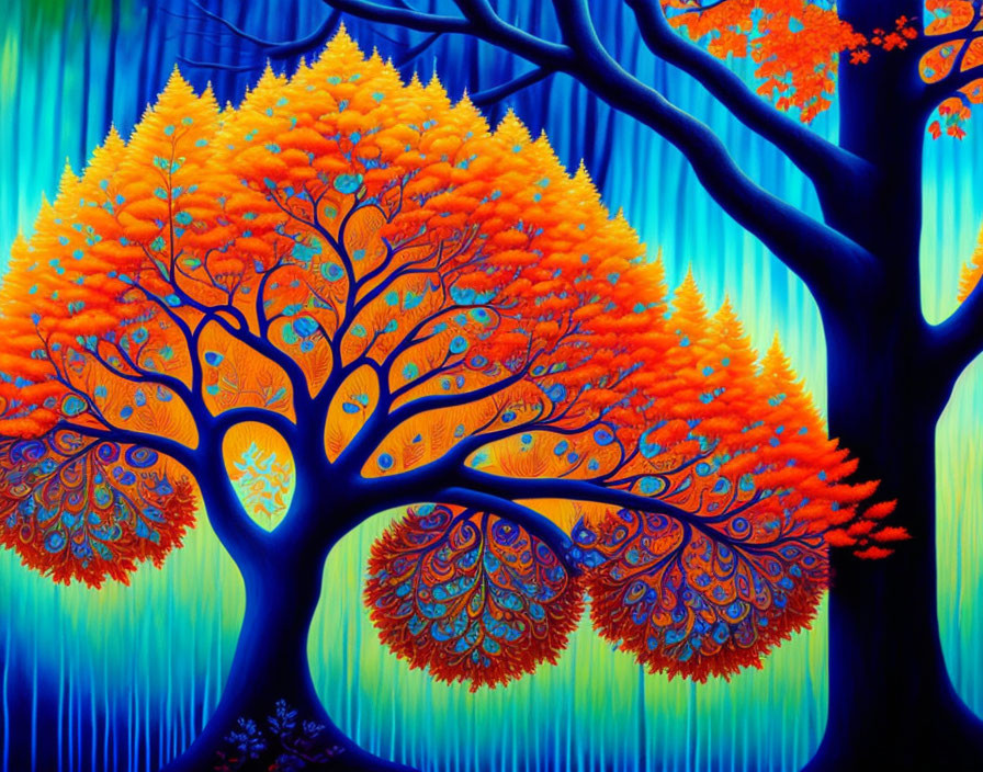 Colorful Trees with Orange Foliage on Blue Background and Circular Branch Patterns