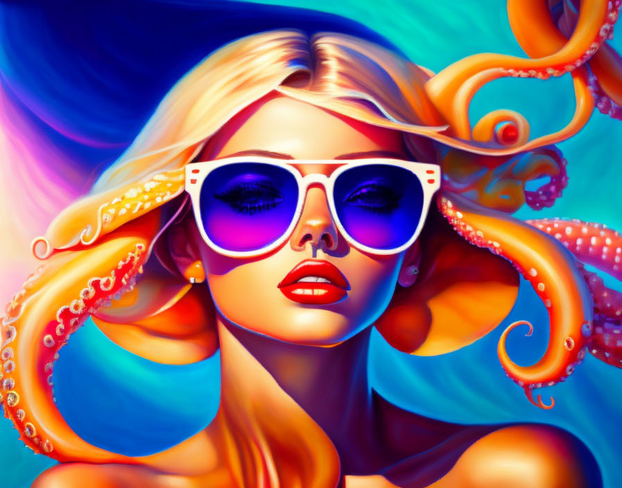 Colorful Artwork: Stylized Woman with Octopus in Hair