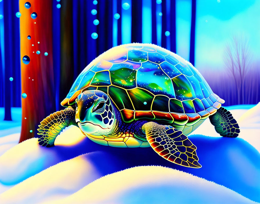 Colorful Stained Glass Turtle in Snowy Landscape with Glowing Orbs