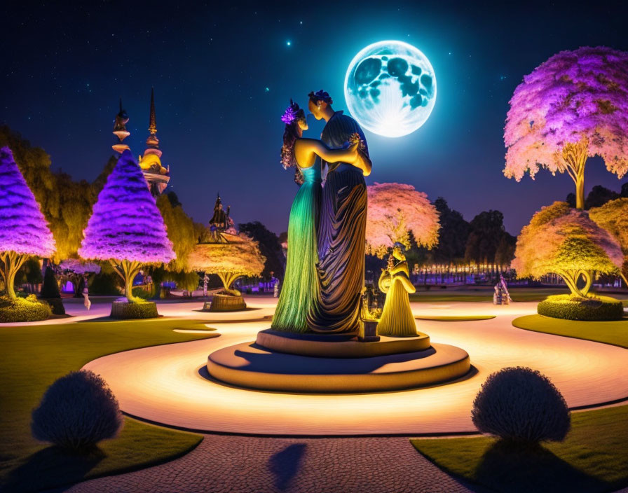 Fantasy garden at night with illuminated sculptures, vibrant trees, walkways, and large moon