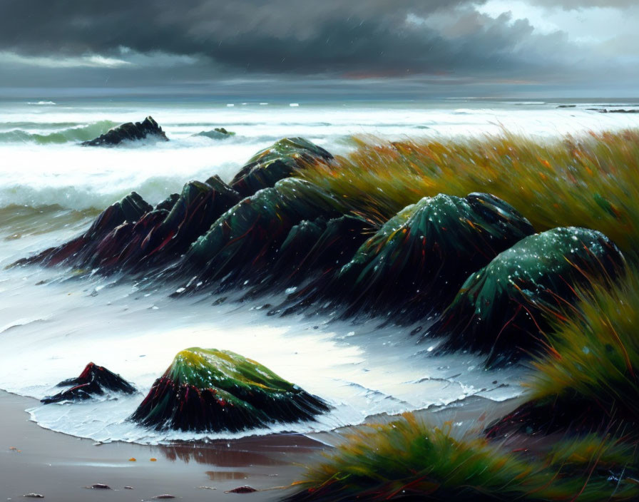 Stormy Sky Over Foamy Waves and Dark Rocks on Beach