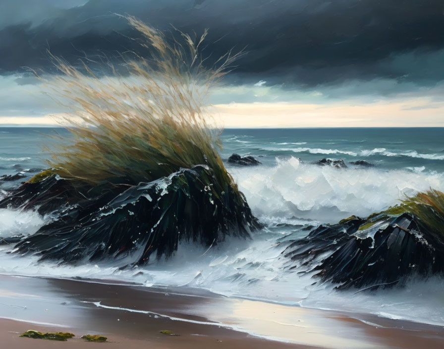 Stormy sea with crashing waves, dark rocks, swaying grass, and brooding sky.