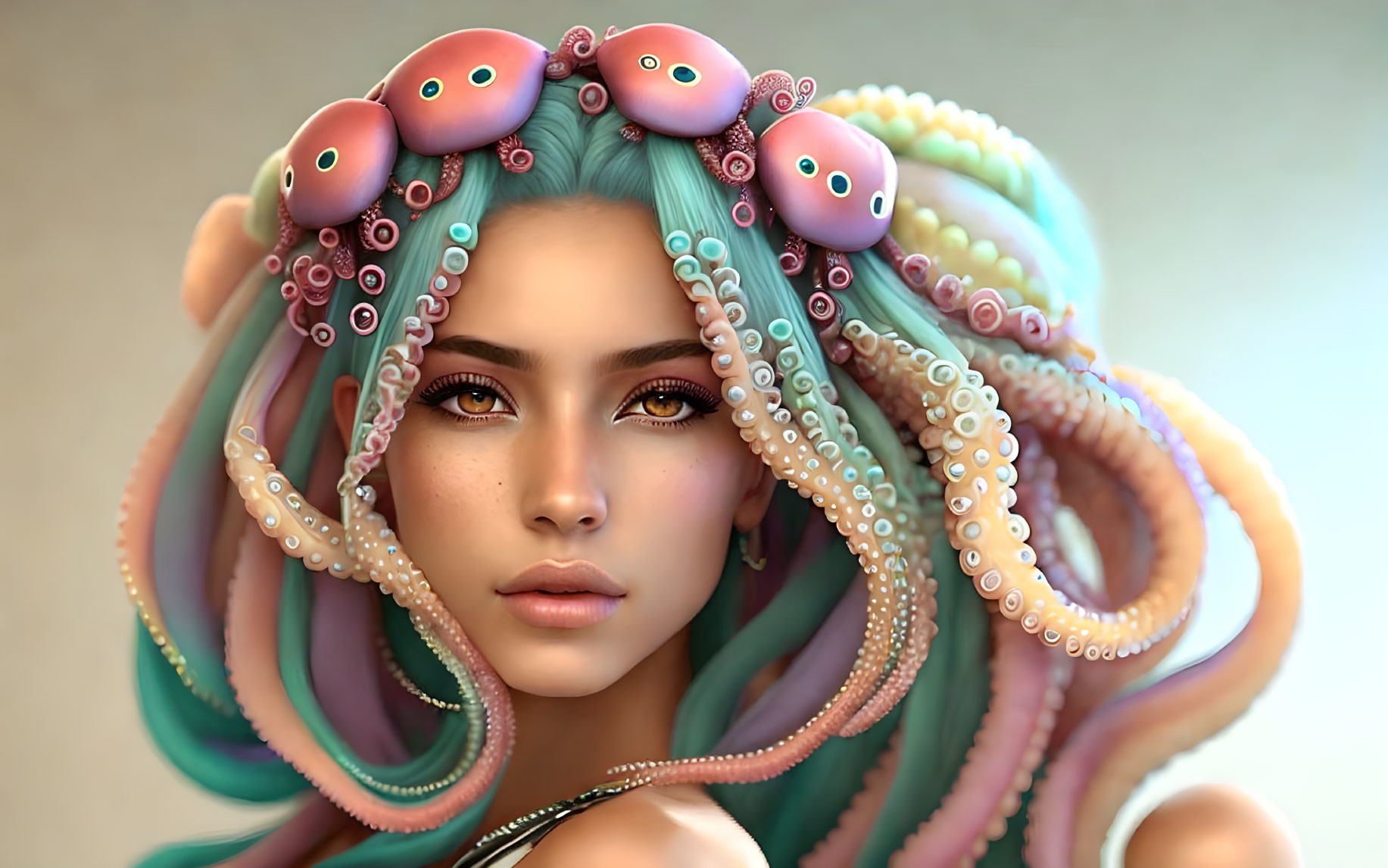 Colorful tentacles portrait of a woman with pink, blue, and green hues.