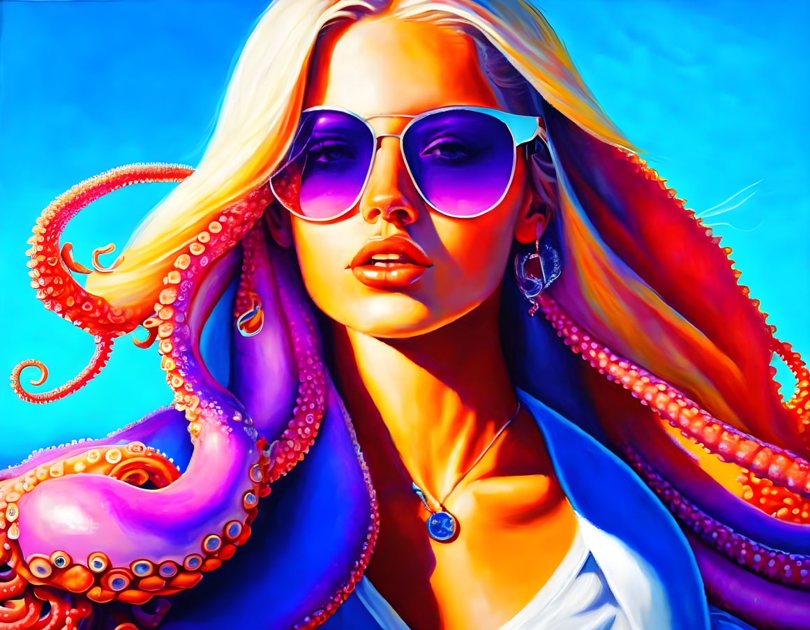 Illustration of woman with blonde hair and octopus tentacles on blue background