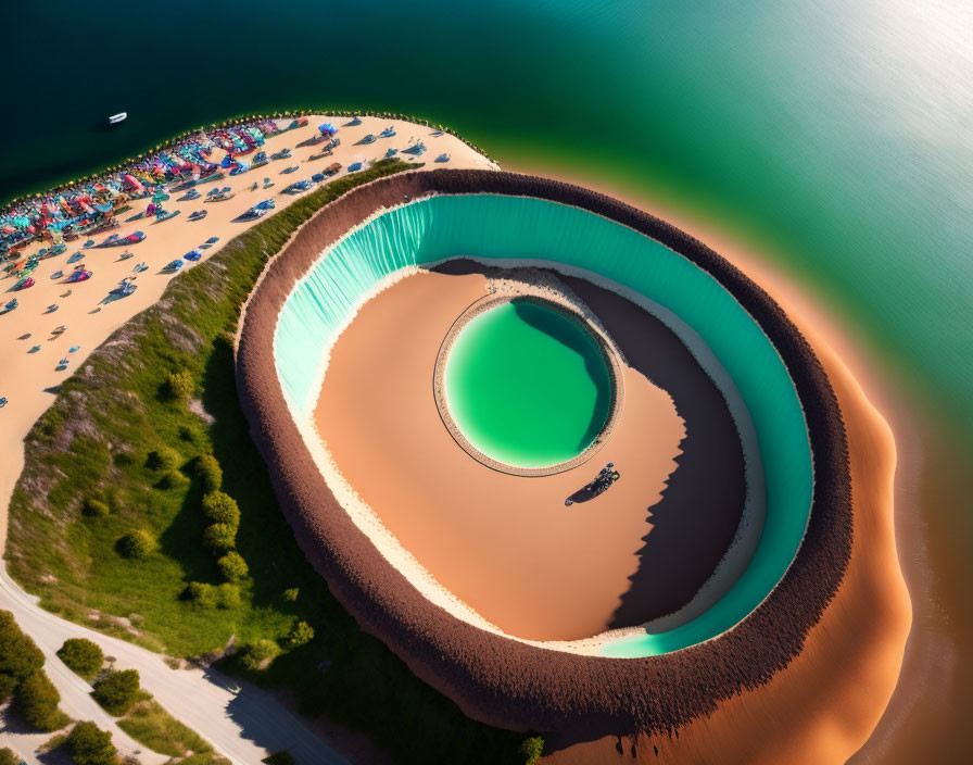 Circular Beach with Green Lagoon and Umbrella-lined Shores