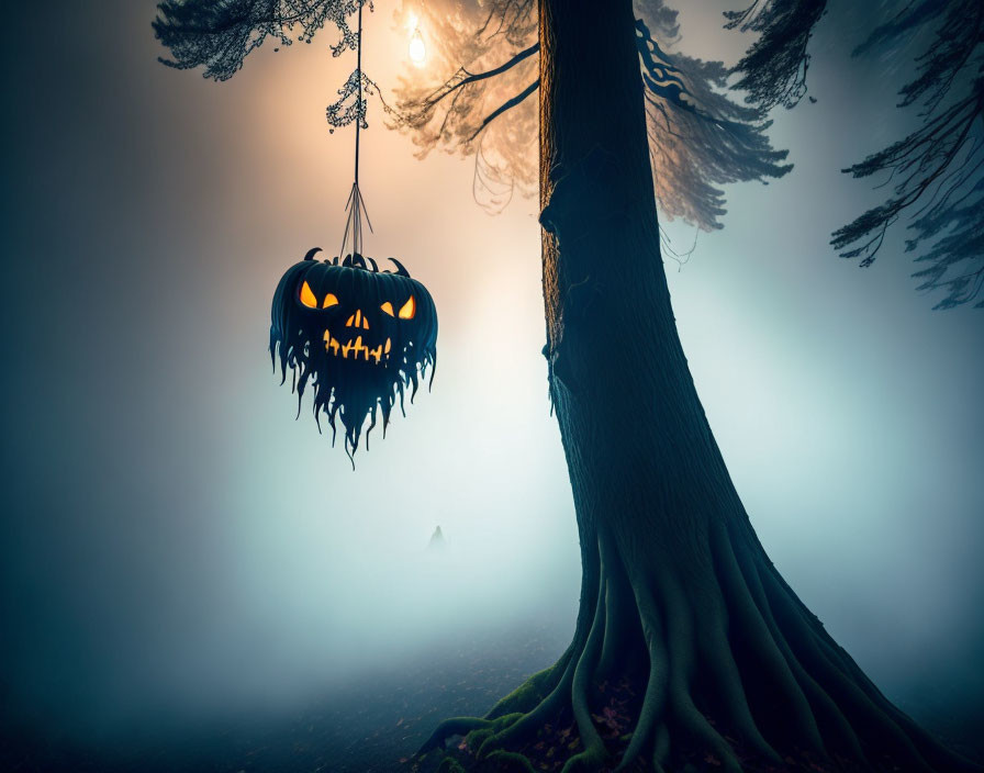 Glowing jack-o'-lantern in misty forest evokes spooky Halloween vibe