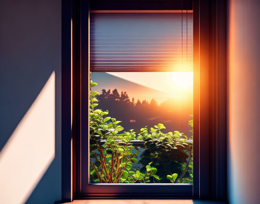 Sunrise illuminating indoor plants through partially raised blinds