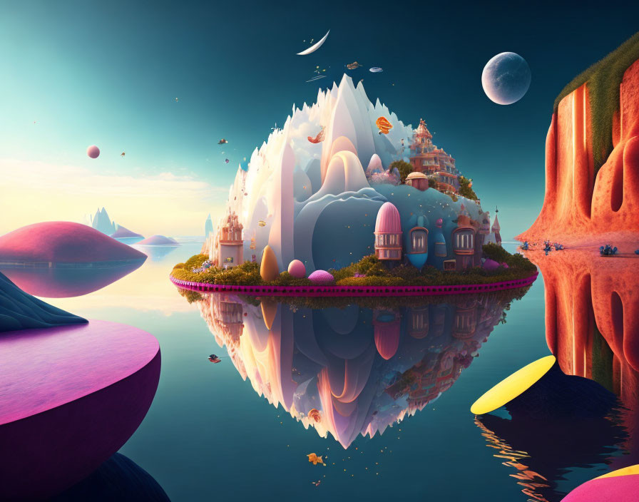 Colorful fantasy landscape with floating islands, whimsical architecture, and multiple moons reflected in water at dusk