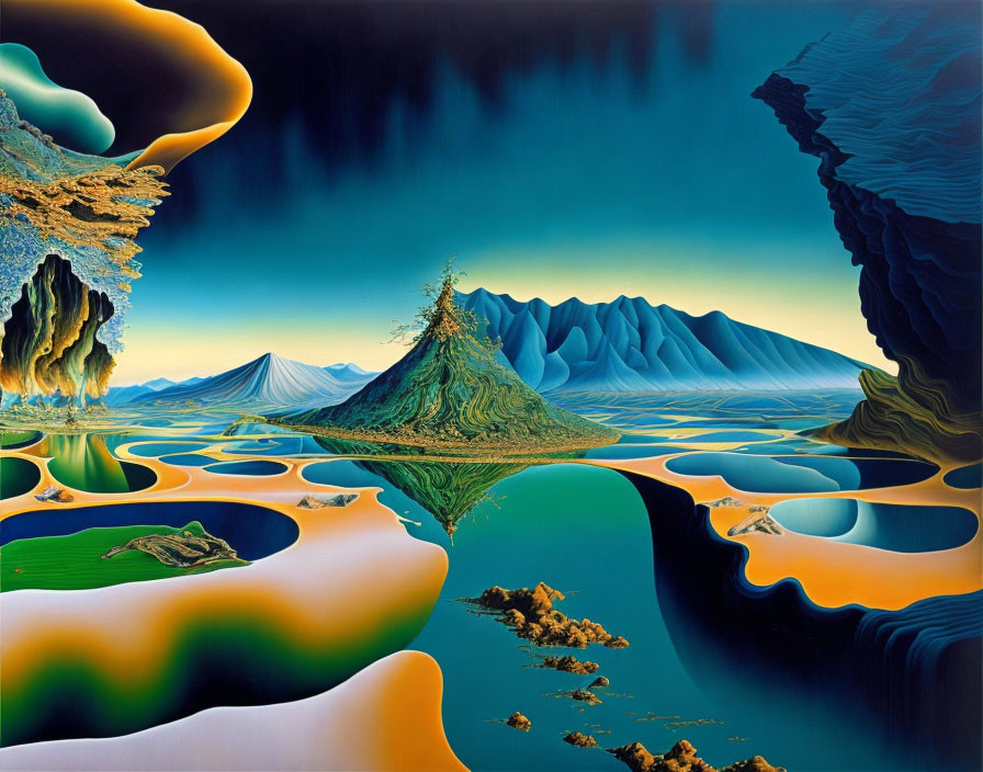 Surreal landscape with volcanic island, rivers, and dramatic sky