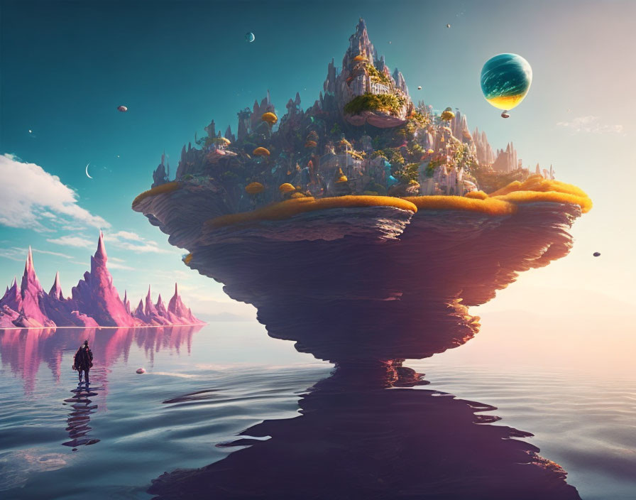 Fantastical floating island with castle in serene water under starry sky