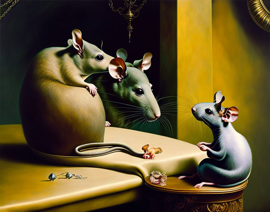 Three anthropomorphic mice in elegant setting with cheese reminiscent of classical painting