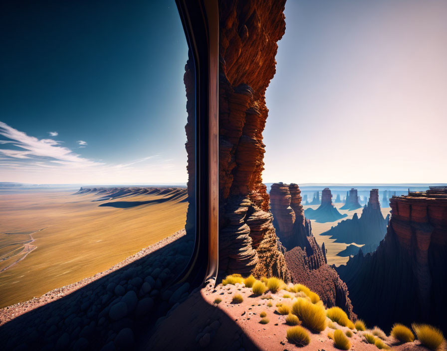 Curved reflective surface distorts desert landscape with rock formations