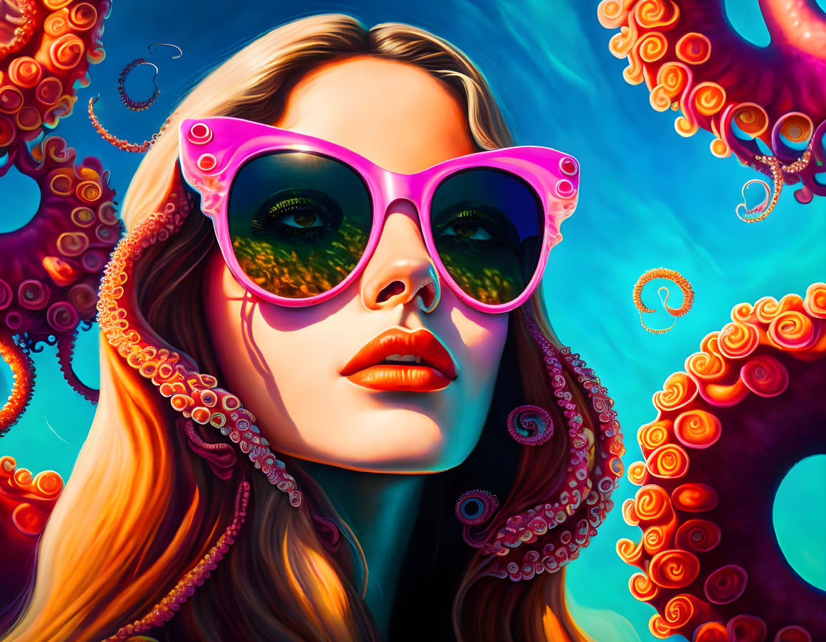 Colorful artwork: Woman in pink sunglasses with octopus tentacles on blue background