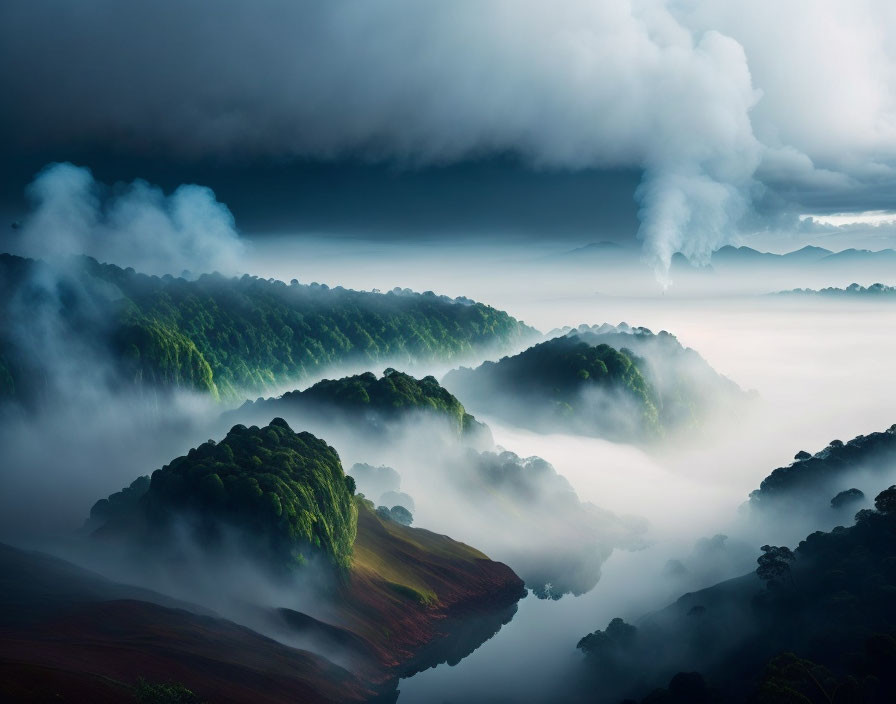 Lush green forest in misty mountain landscape