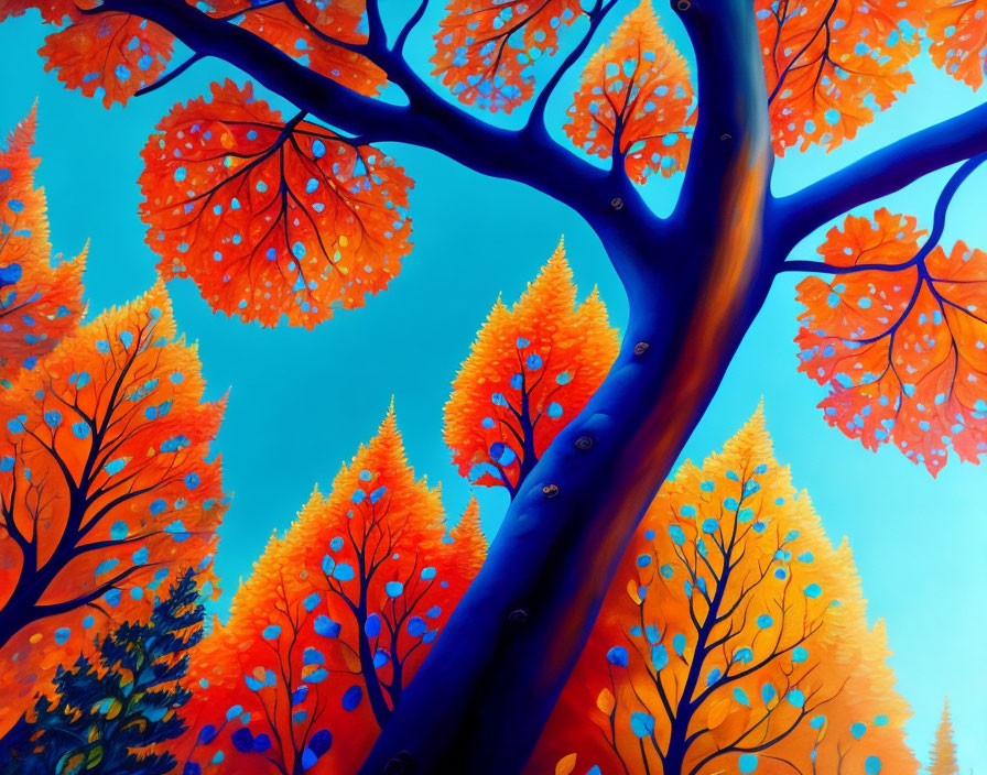 Autumn forest painting with vibrant orange and yellow trees