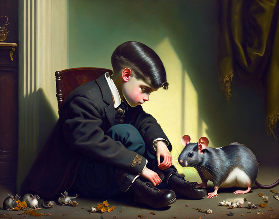 Young boy in vintage clothing with rats and crumbs.