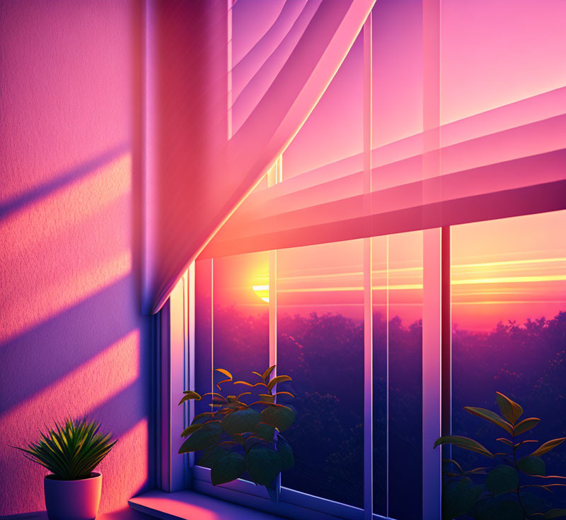 Tranquil sunset through partially closed blinds casting warm glow