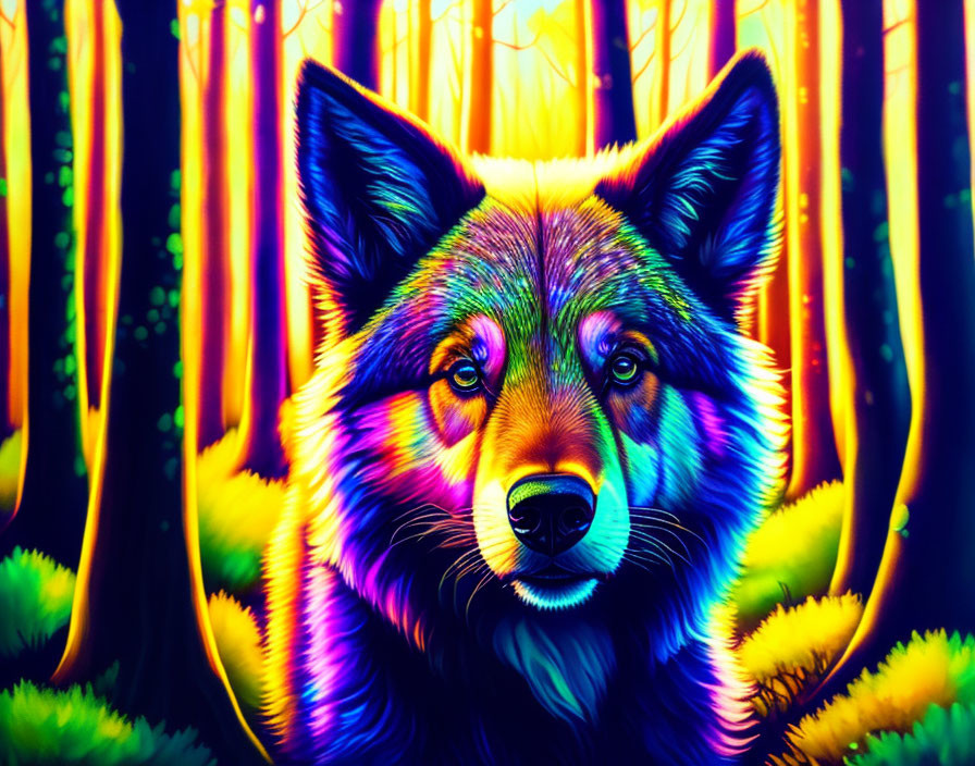 Colorful Wolf Art in Neon Forest Setting