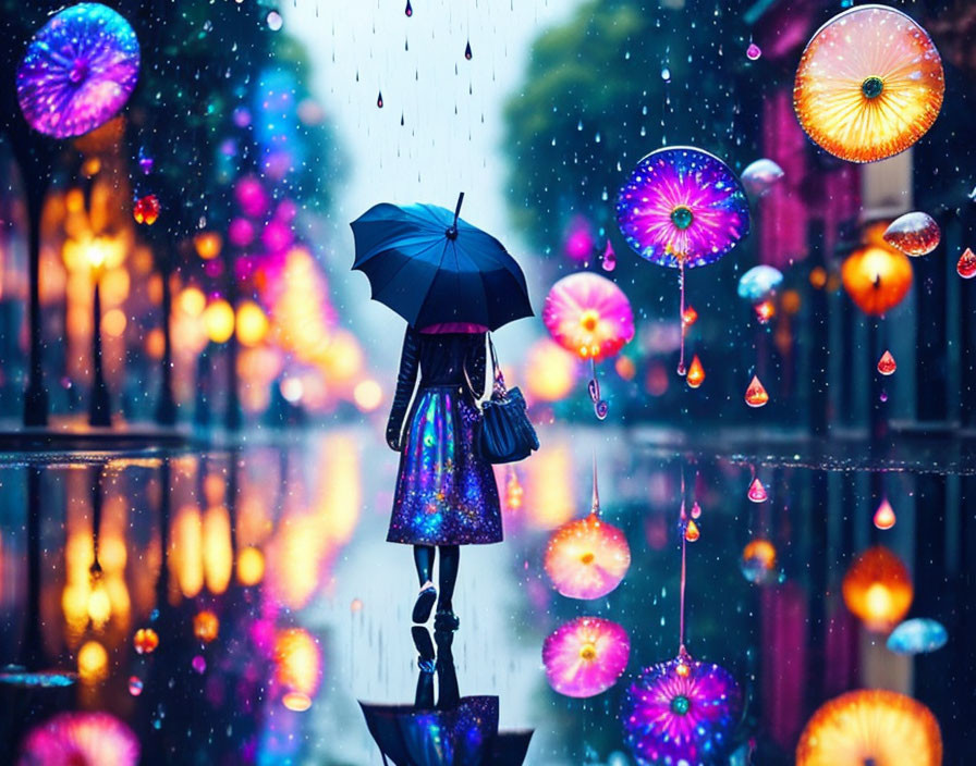 Colorful Rainy Night Scene with Person and Umbrellas